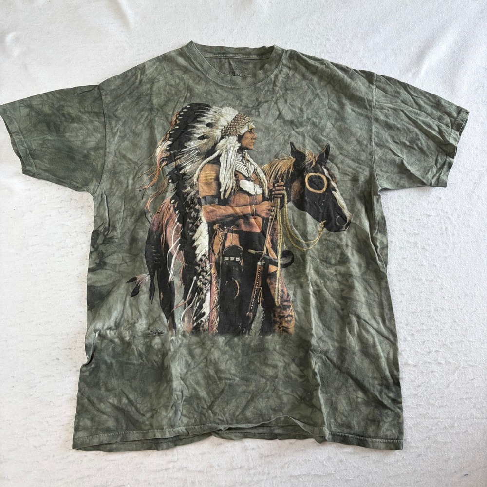 The Mountain T Shirt 2XL Green Native American Warrior Horse Tie Dye Graphic
